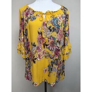 Bila Yellow Floral Blouse Top 3/4 Sleeves Sz M Ruffle Sleeves Tassel Tie